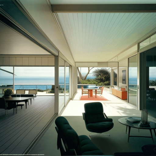 AI generated: Hyper realistic eye level exterior photo of a mid century modern style house overlooking the ocean, ...