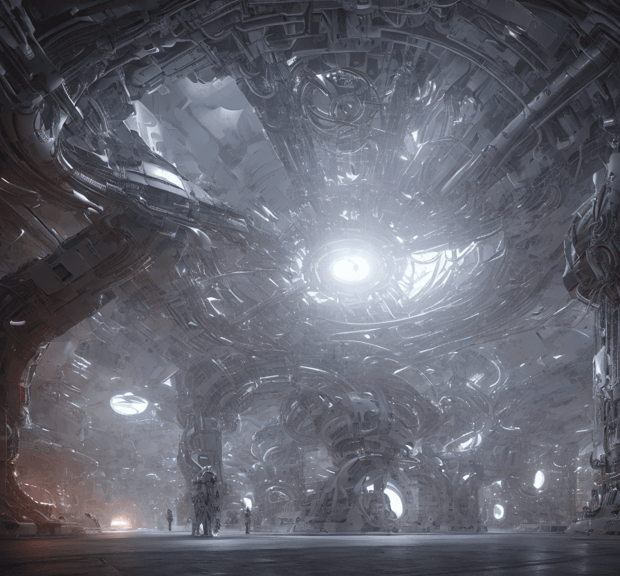 AI generated: 2 huge white Mech are walking thru the fire   in the corridor leading to the control room in a futur...