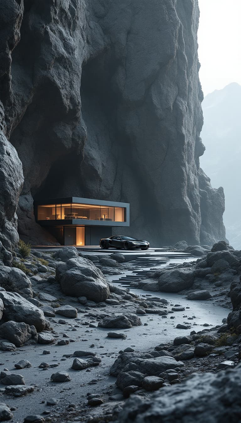 AI generated: the futuristic house in a rocky area with car, rock and house, in the style of dark gray and dark bl...