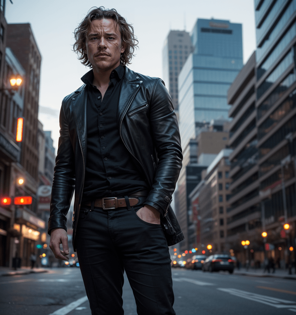 AI generated: Medium Long Shot, looking_at_ viewer, Heath Ledger like the Jocker character from the movie The Dark...