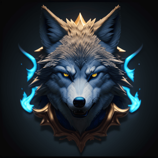 AI generated:  angry wolf head eyes blue flame moon star motif 3D logo,photorealistic detailing studio lights sett...