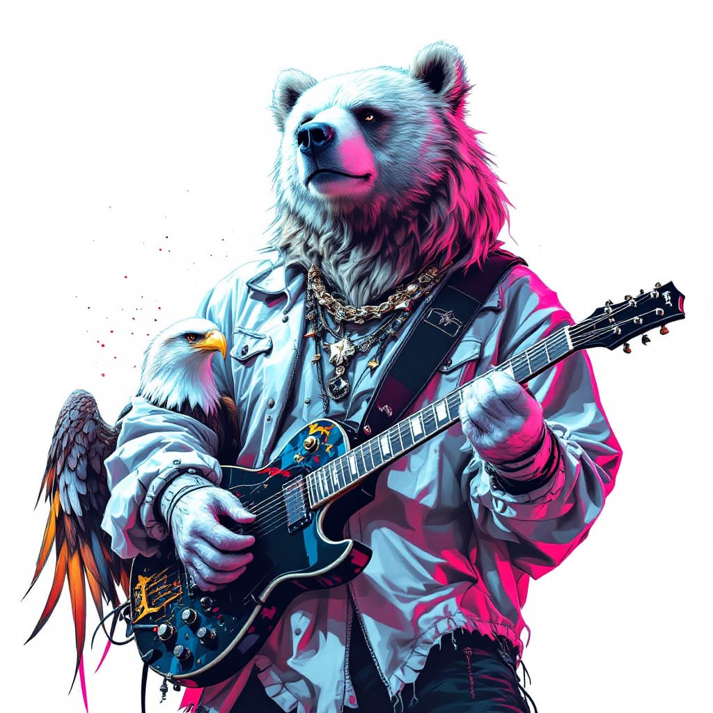 AI generated: A bear and eagle wearing white in white background with a guitar and qt,vinyl,glassy
Cool looking wi...