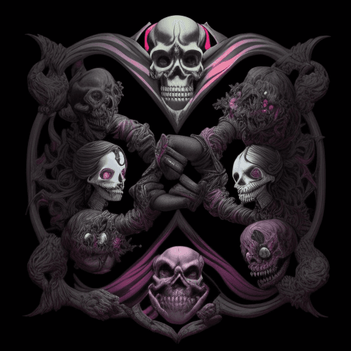 AI generated: Smiling Dark Puppet Fighting Monsters, A Dark Fantasy in Escher's Style, Skull & Bones, Neon Multico...