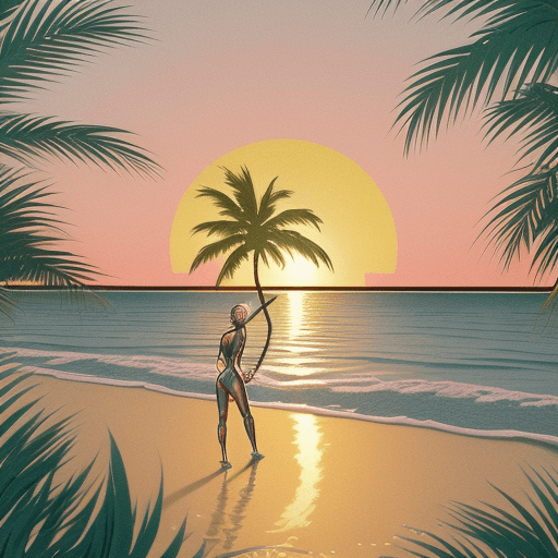 AI generated: 80s chrome and steel Retro Sunset,  water, gold, illustration, inspired by James Jean 80s chtome and...