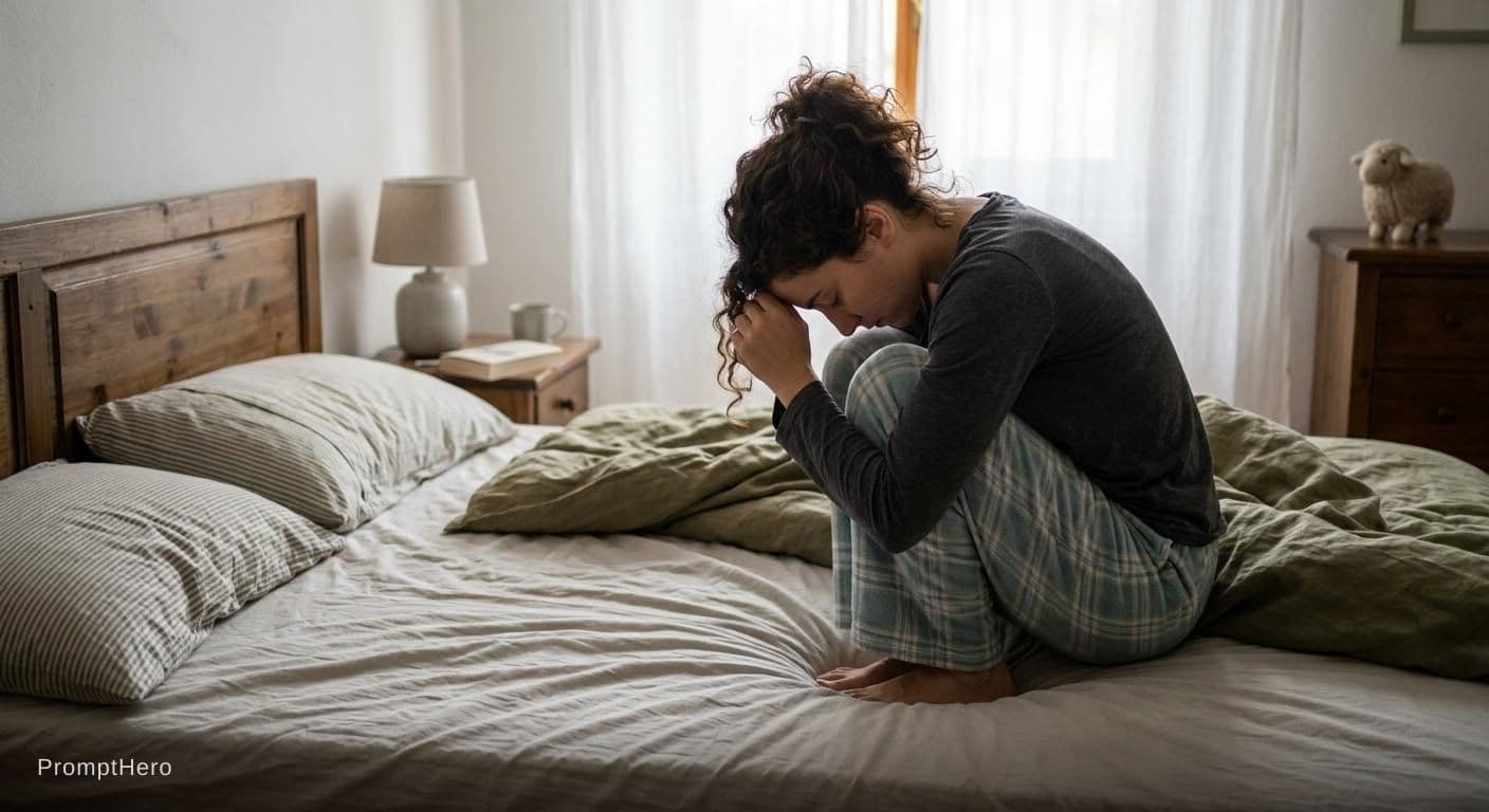 AI generated: Fai che sta accovacciata come una pecora sul letto 