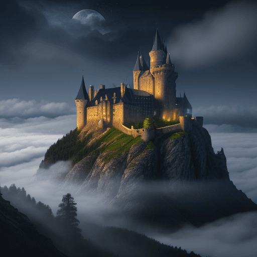 AI generated: color photorealistic image of medieval castle on a mountain top with mist and clouds at night in str...