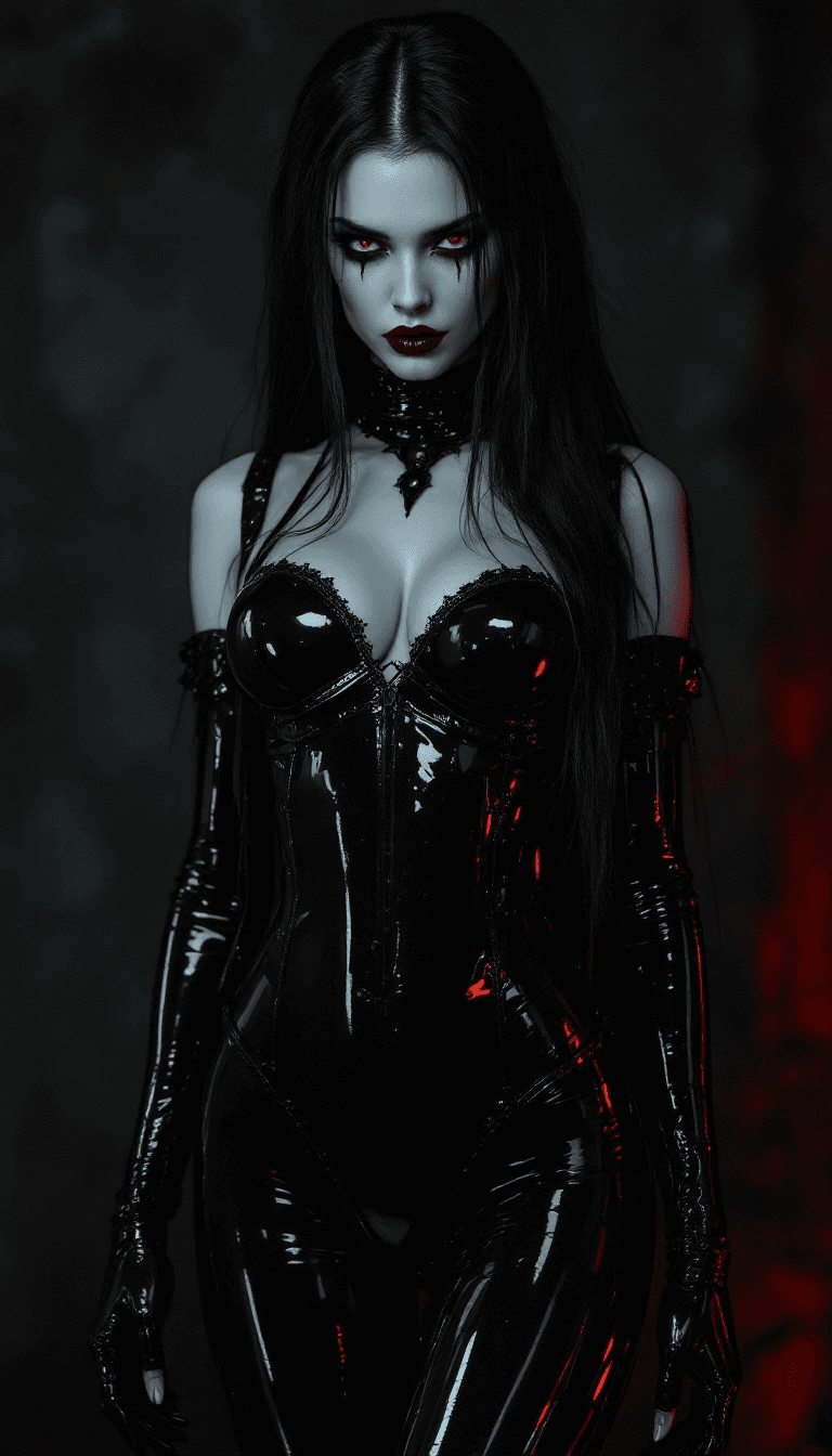 AI generated: vampire babe, black long hair, black full body tight latex outfit, underworld, white skin