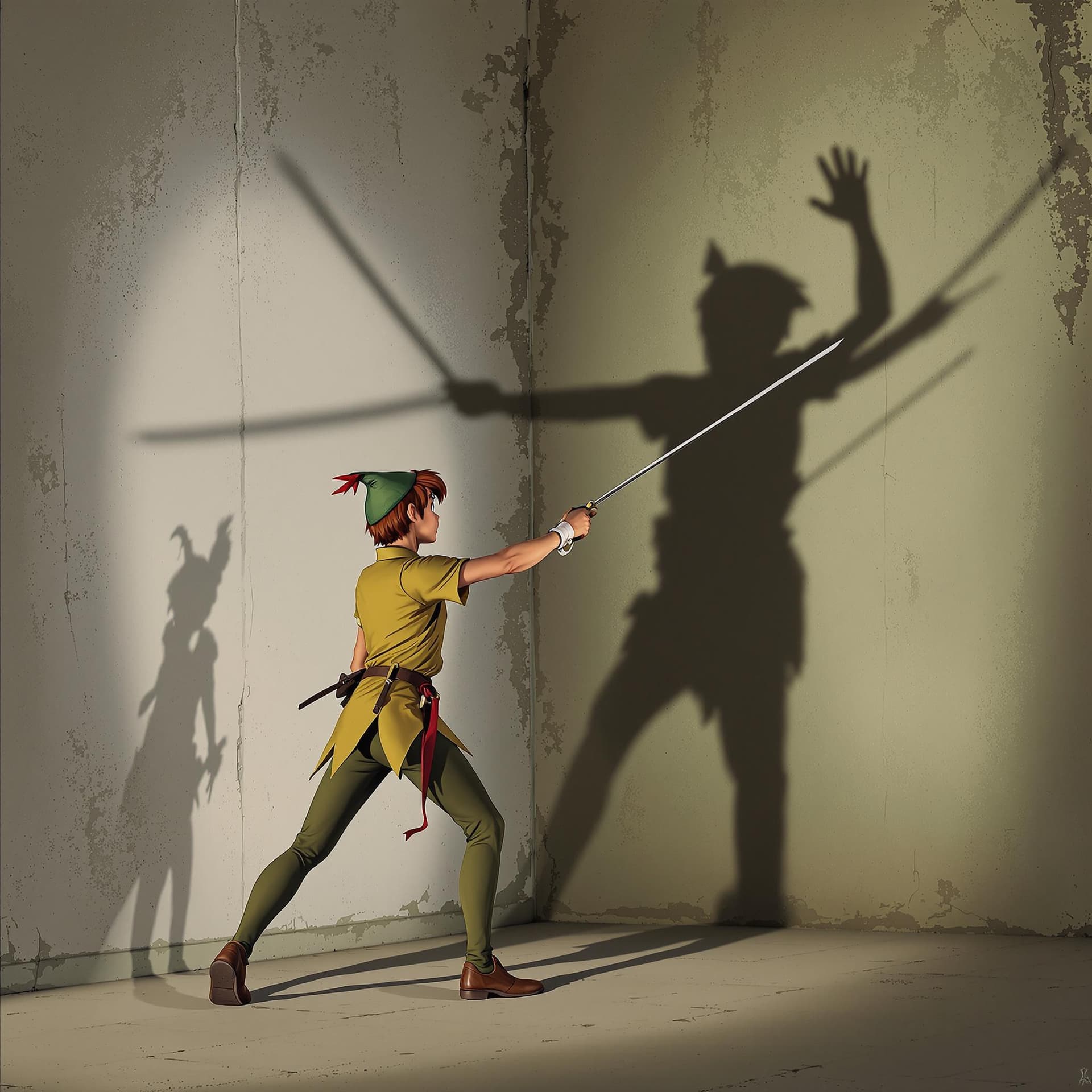AI generated: realistic photo peter pan is fencing with his shadow against the wall