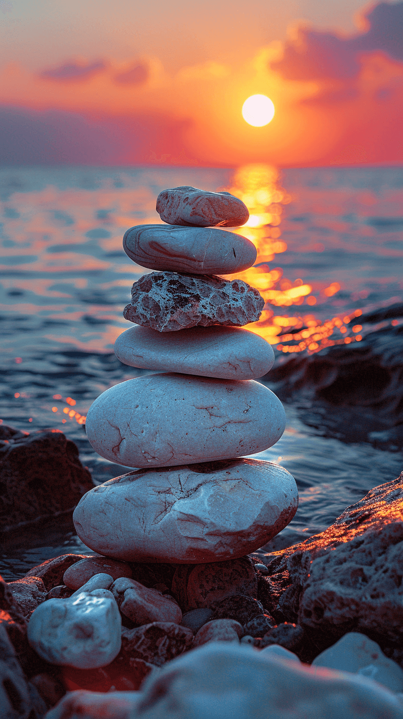 AI generated: Photo of a stack of smooth stones balanced on top of each other, with the sun setting in the backgro...