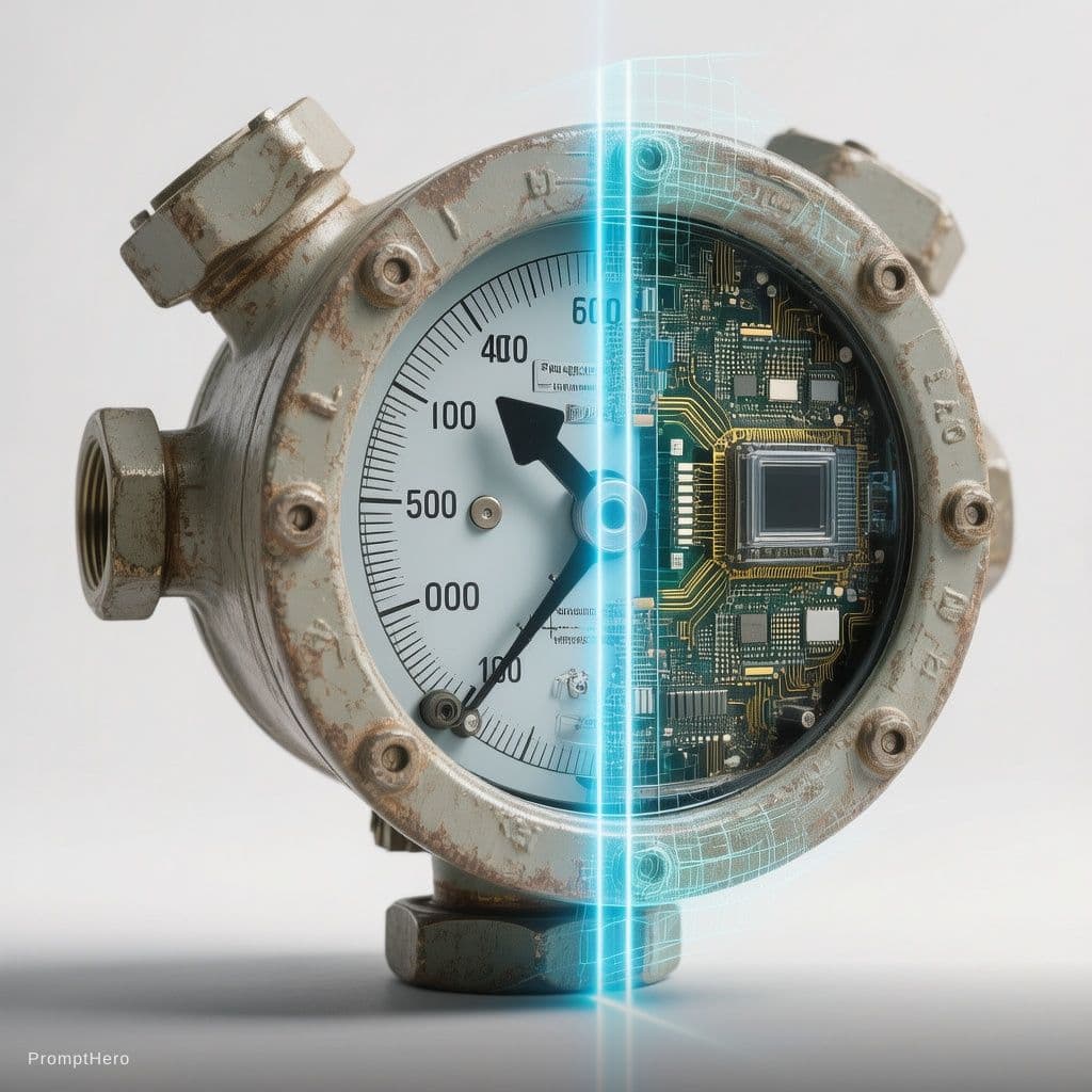 AI generated: High-resolution visualization focusing on a classic, slightly weathered industrial pressure transmit...