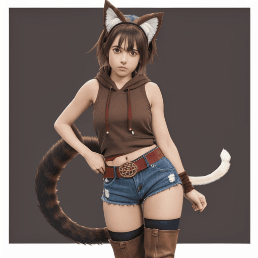 AI generated: liliruca arde, sleeveless hoodie, red shorts, belt, torn thighhighs, brown boots, animal ears, tail