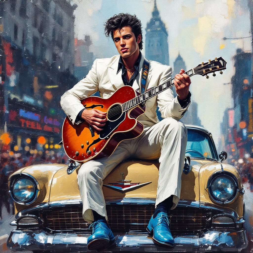 AI generated: impasto oil painting of the king of rock and roll. He is sitting on top of a sparkling chevy car. He...