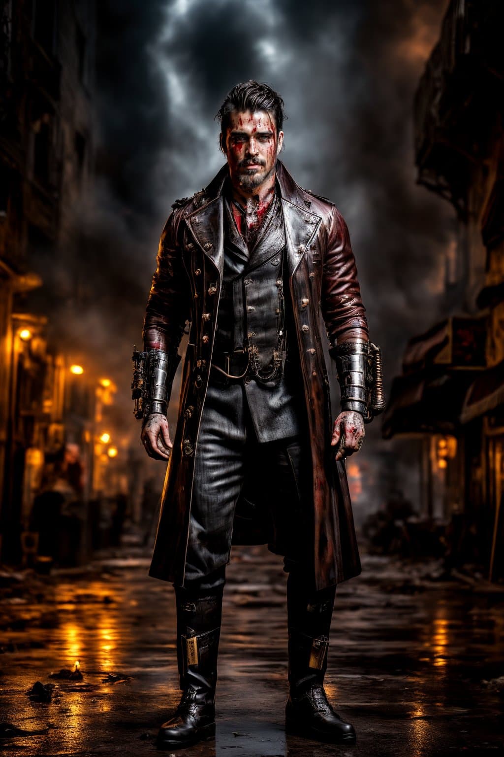AI generated: handsome steampunk man, covered in blood, full body, apocalyptic background, facial hair, detailed f...