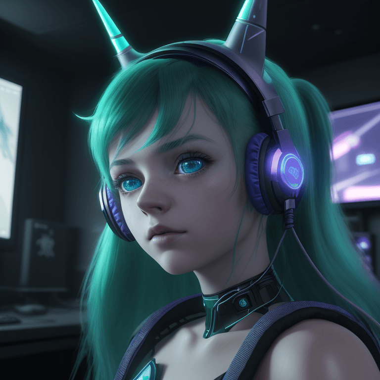AI generated: Young girl with emerald hair, headphones on her head, blue eyes, flying plush glowing unicornin blur...