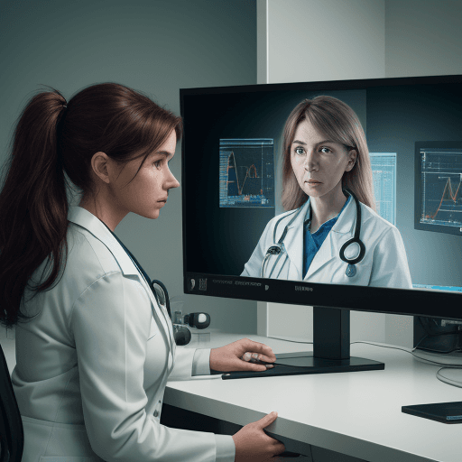 AI generated: photograph of a ultra realistic female doctor looking at two medical monitors with medical curves an...
