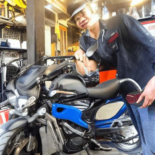 AI generated: make me a picture of a motorbike being serviced with a mechanic next to it and below there are many ...