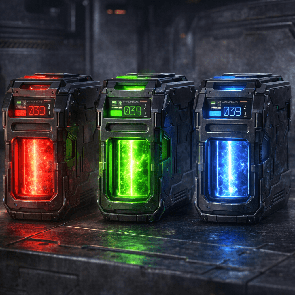 AI generated: Use the reference image to create an image of Sci-fi energy weapon cartages in Red, Green, and Blue ...