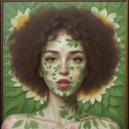 AI generated: detail of beautiful of woman face, flower printed skin, flower patterns on face, green stem patterns...
