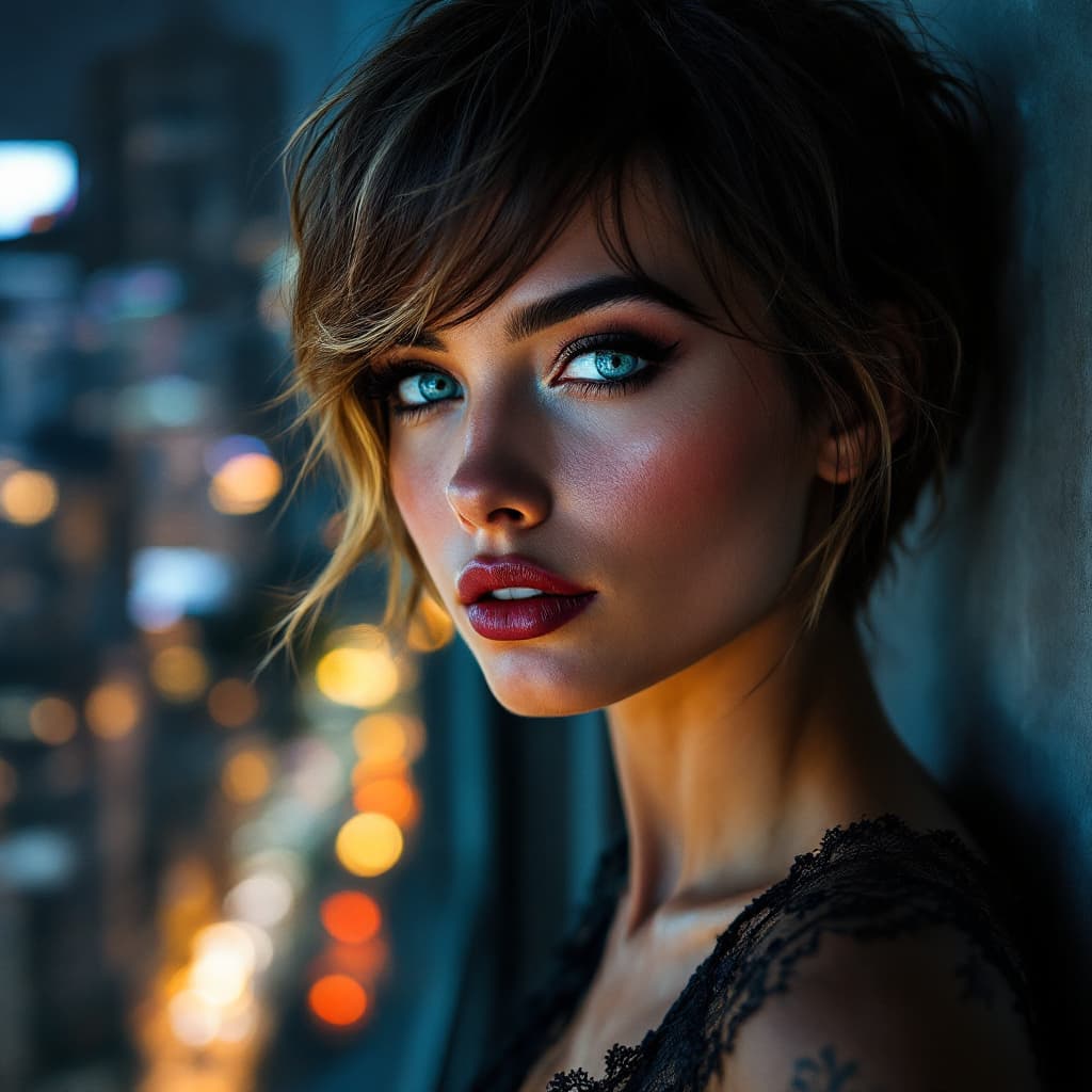 AI generated: HDR photo of beautiful hipster woman, light-blue eyes, mascara, eyeliner, dark cheeks, expressive li...