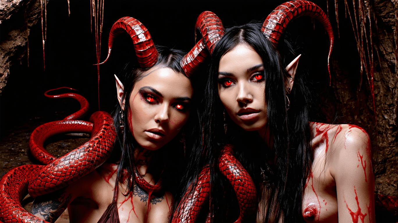 AI generated: Photoshoot book cover, full body shot, bottom view, low angle of two young beautiful women (Succubus...