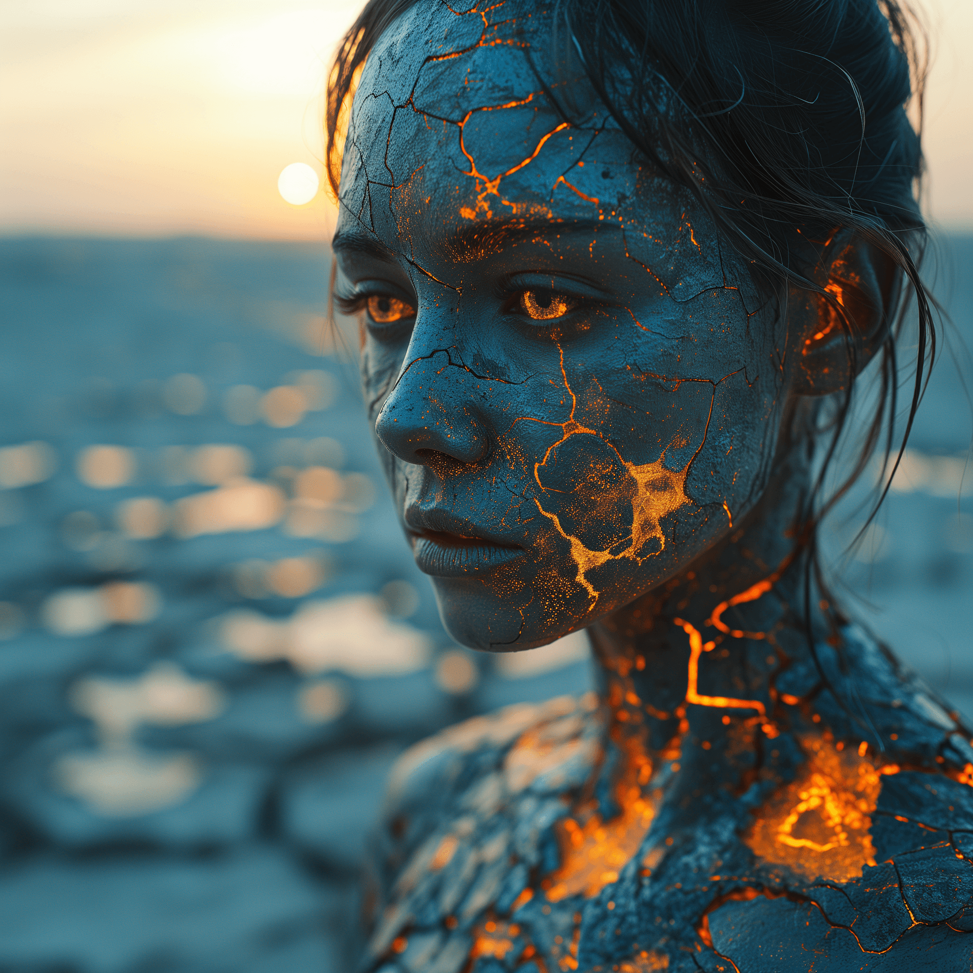 AI generated: Meta Human with bio-illuminated cracks like veins, all over body, standing on an open desert evening