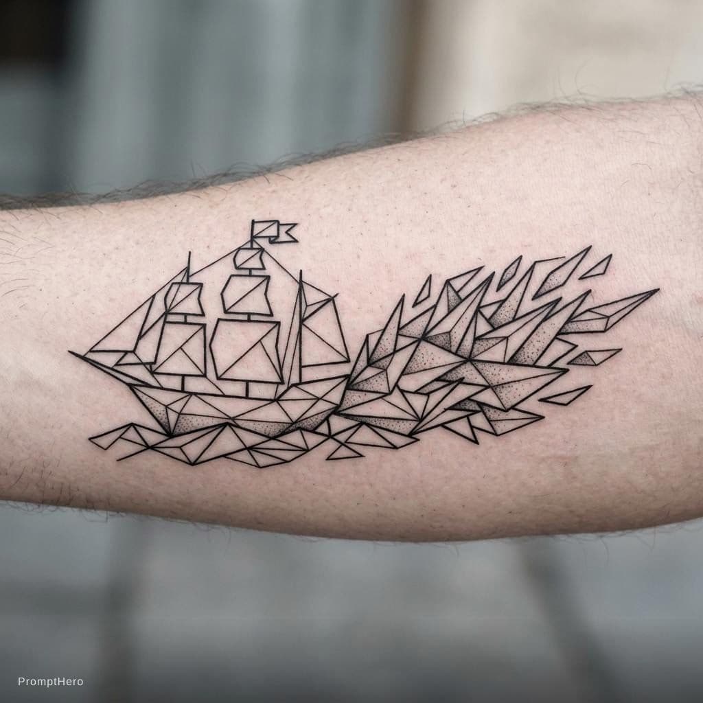 AI generated: : "A minimalist geometric tattoo design, a stylized composition of a ship and fire made entirely of ...