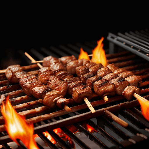 AI generated: Delicious grilled meat on skewers is lying on a barbecue grill with hot coals and small tongues of f...