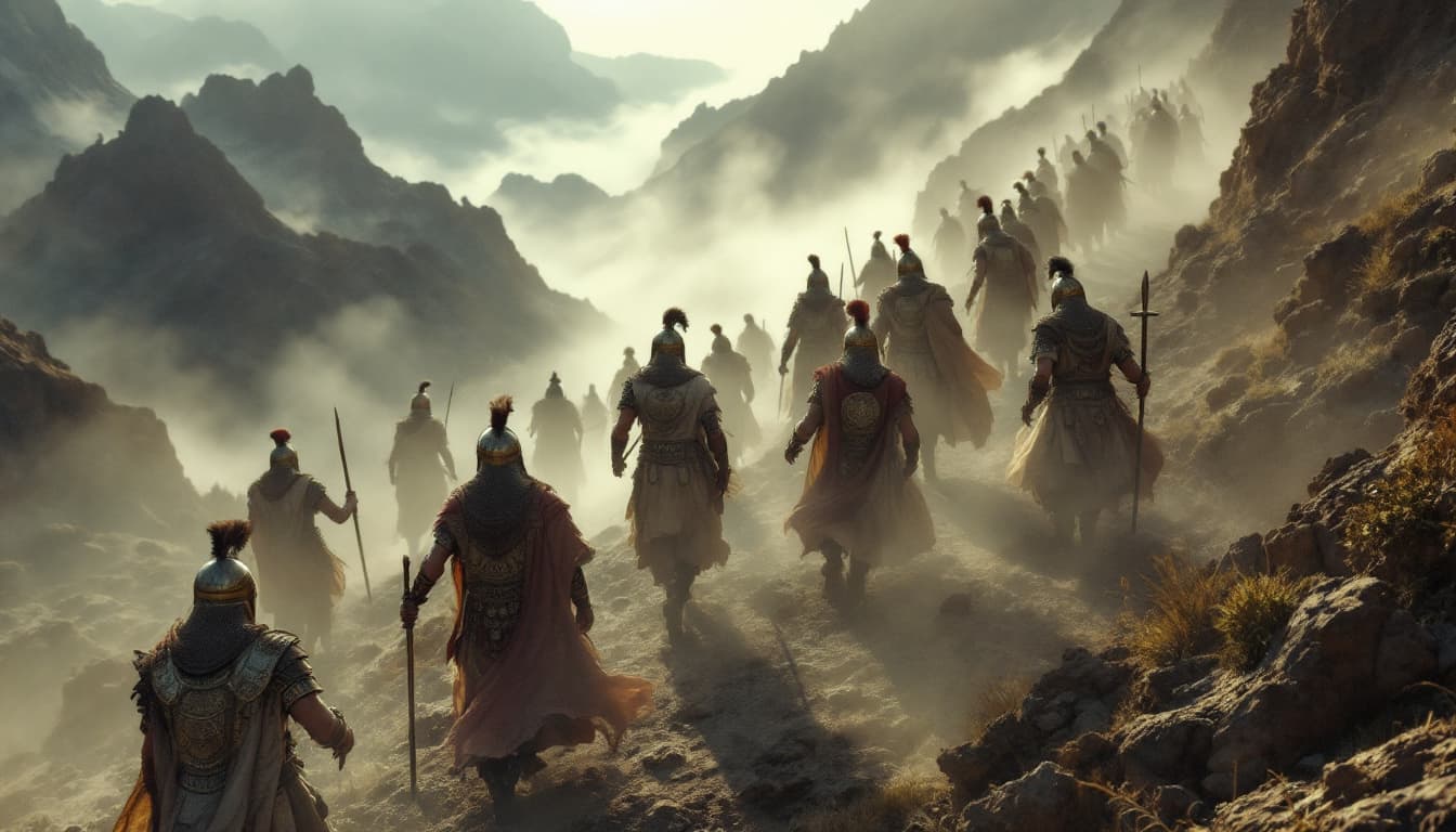 AI generated: Ultra-realistic .High-angle shot of the group advancing through the mountains, their shadows fading ...
