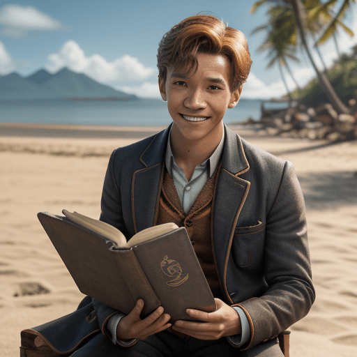 AI generated: png render of Newt Scamander as a Filipino young man sitting on a beach looking at the camera, the m...