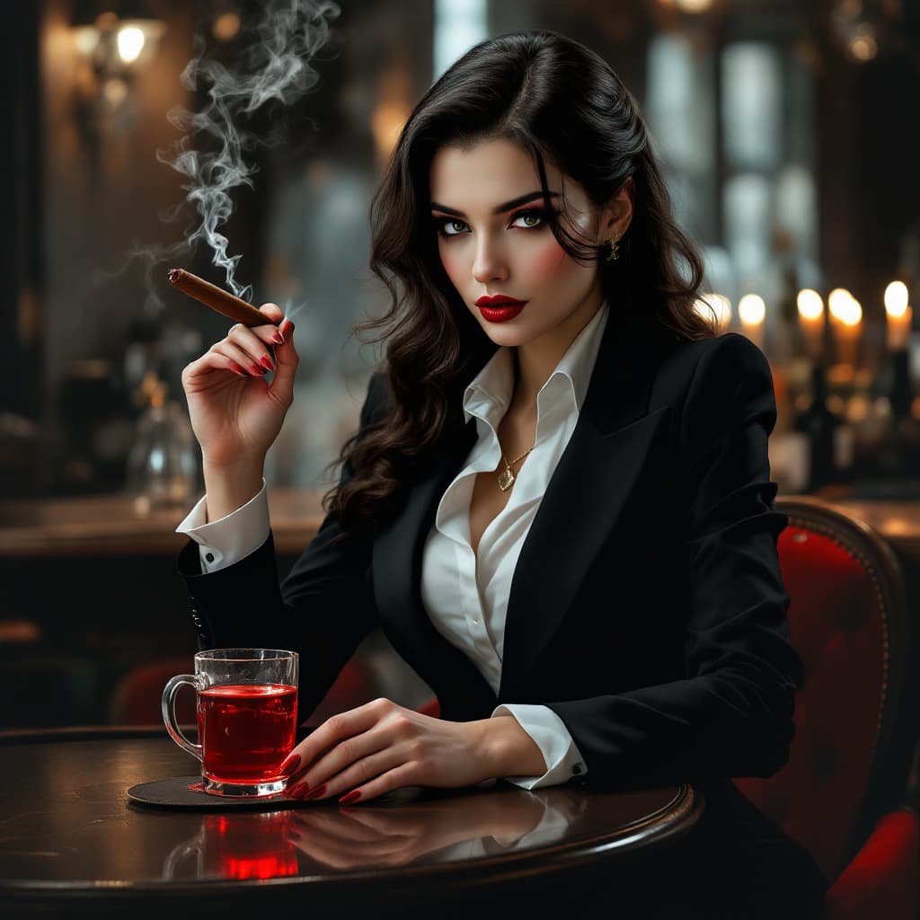 AI generated: portrait of a  Elegant female vampire , wear a business suit, ,She has two cute sharp fangs (vampire...