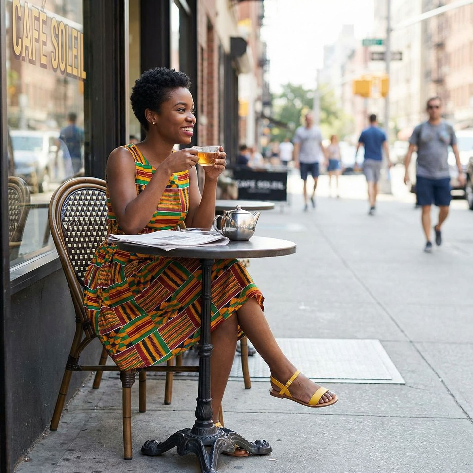 AI generated: full-body view: 4K HD realistic image of an African American female with her hair in a pixie cut, we...