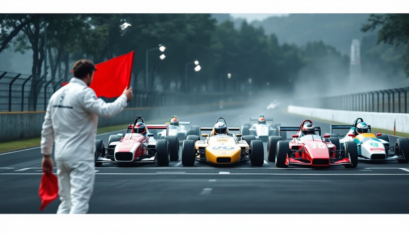 AI generated: At the starting line there are 5 racing cars - cars with different club logos. On the side of the ca...