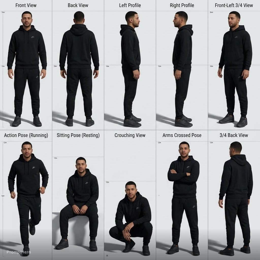 AI generated: Professional character turnaround sheet, same person displayed 10 times in a single image grid, cons...