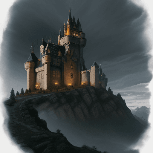 AI generated: emtpy castle inside the valley before the dark with the dragon