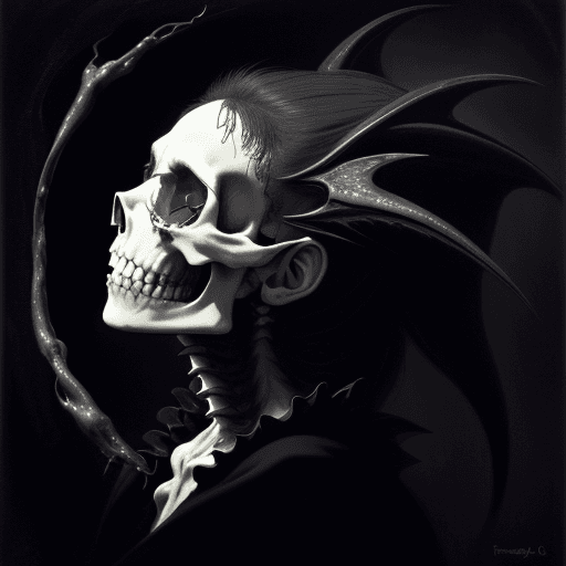 AI generated: a profile vampire skull, big fangs, liquid smoke fractals, elegant botany, dynamic movement, raphael...