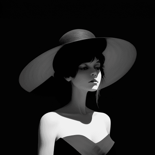 AI generated:  a woman in a black dress is wearing a big hat to the right, in the style of clever use of negative ...