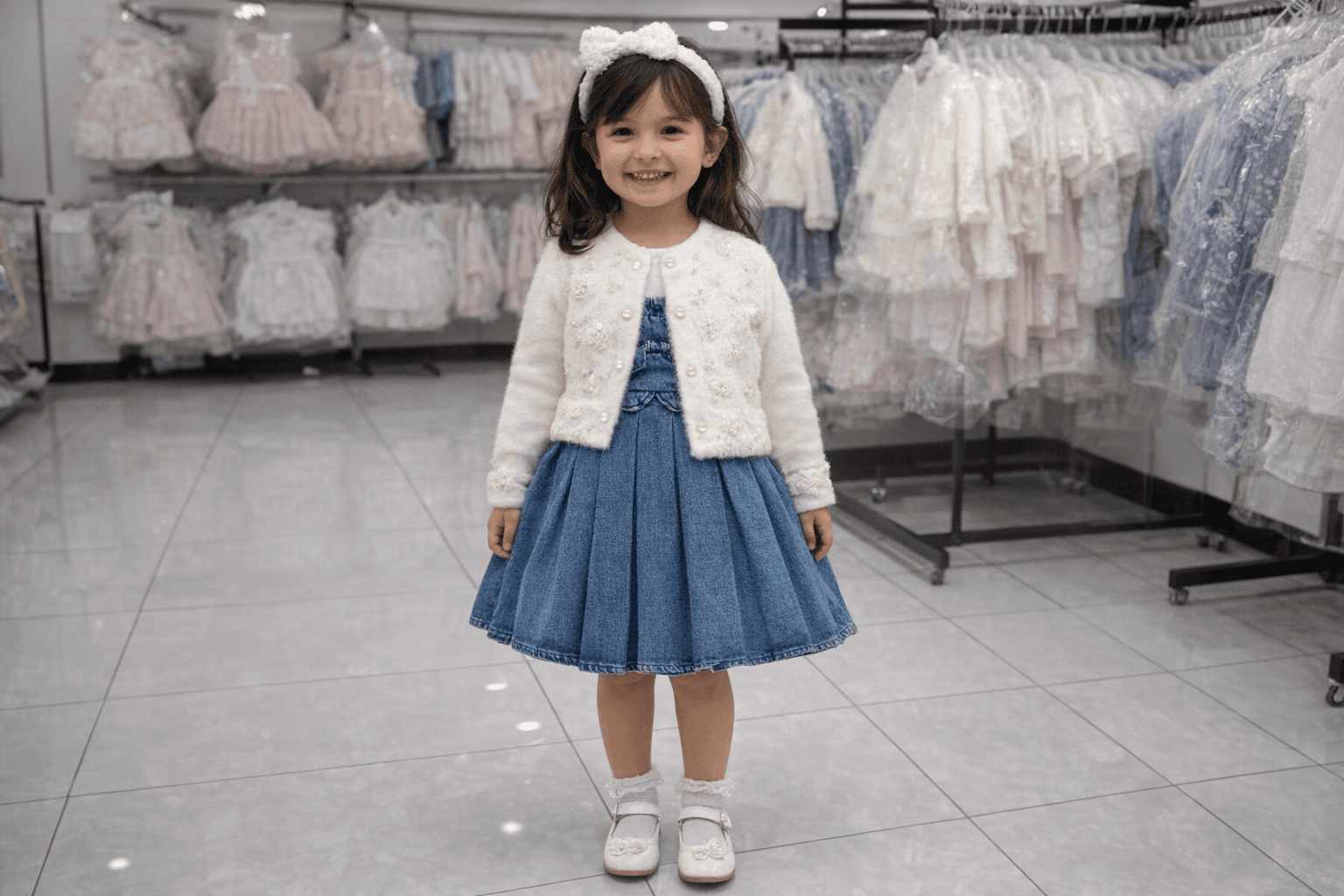 AI generated: Complete image of a kid from head to foot . having this clothes back ground in a clothes shop