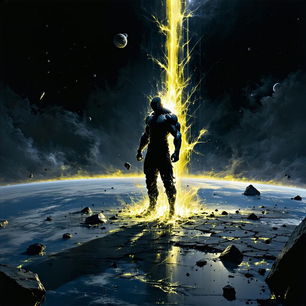 AI generated: Darkwave, synthwave,  epic music album cover. It portrays a close up of a floating very muscular per...
