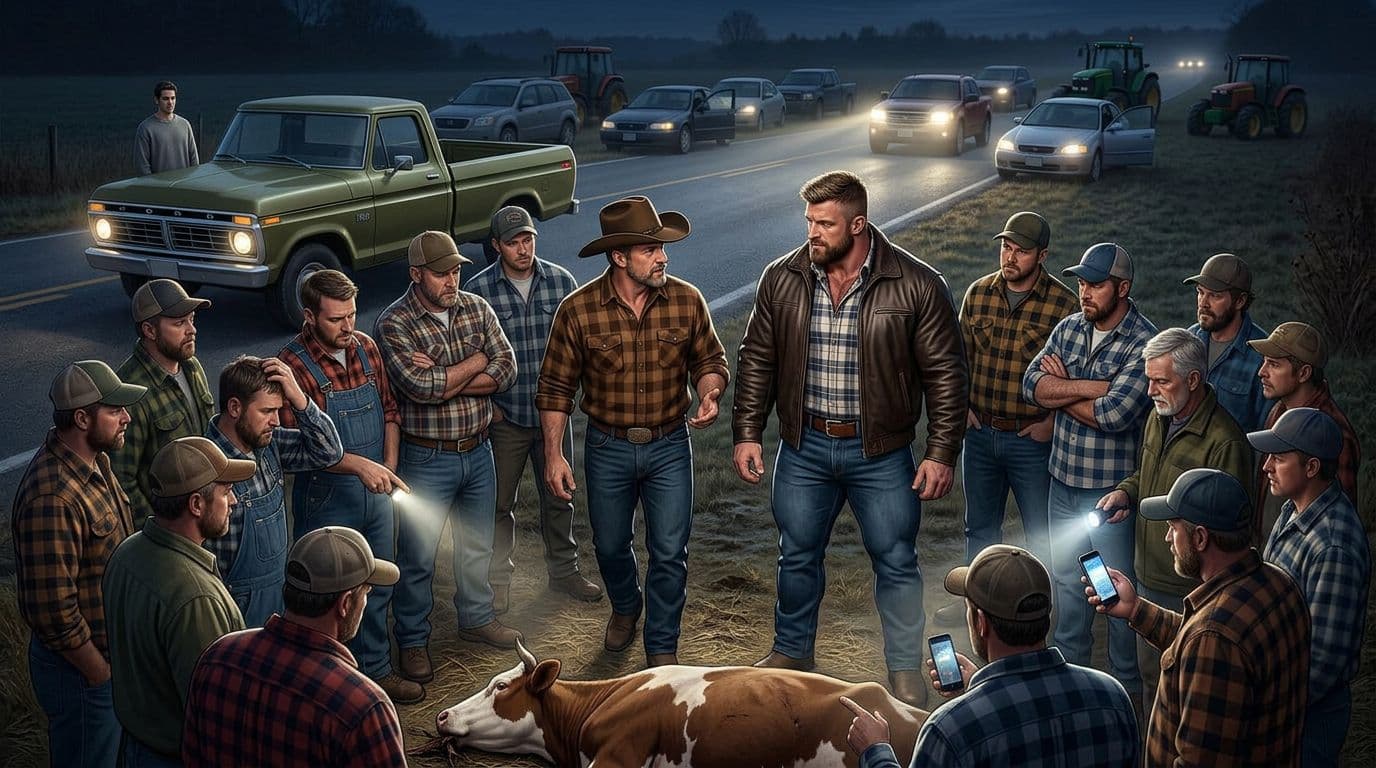 AI generated: In an Autumn night. The vintage olive green Ford pick up truck is parked between the other cars. All...