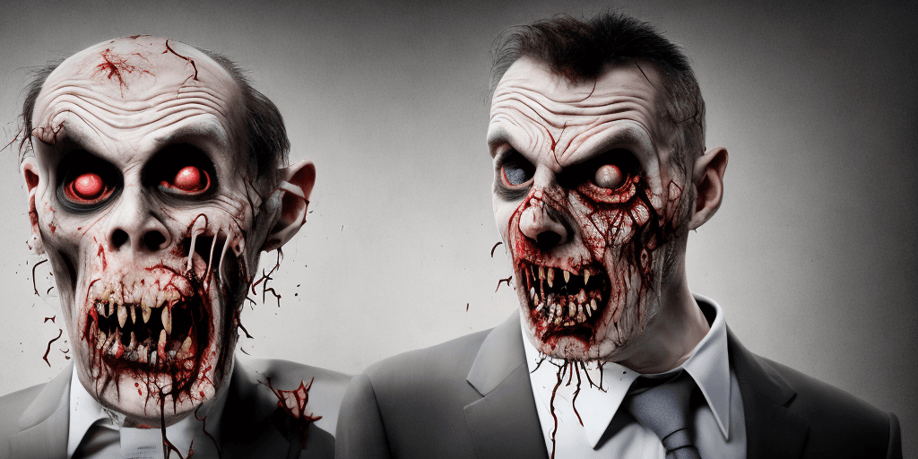 AI generated: zombie, depicted as aruthless CEO of a Fortune 500 company, surrealism, angry and hungry man.Sony FE...