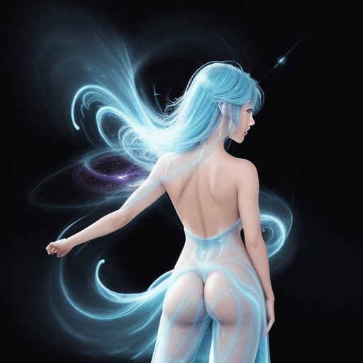 AI generated: Back view, a mystical anime warrior dissolving into ethereal, shimmering mist, iridescent cosmic pai...