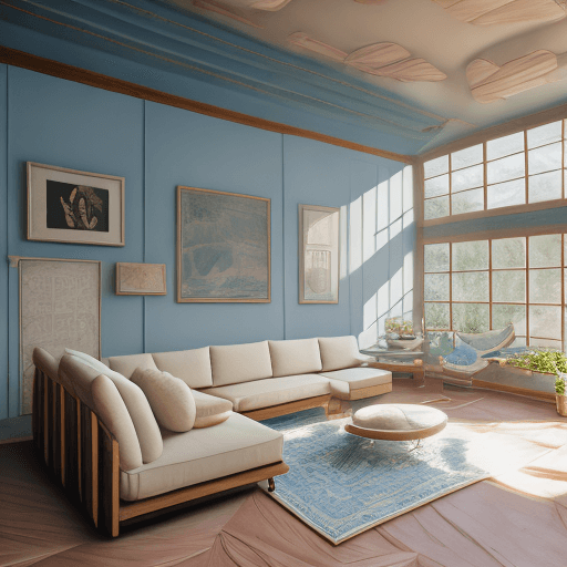 AI generated: High resolution photography interior design, dreamy sunken living room conversation pit, wooden floo...
