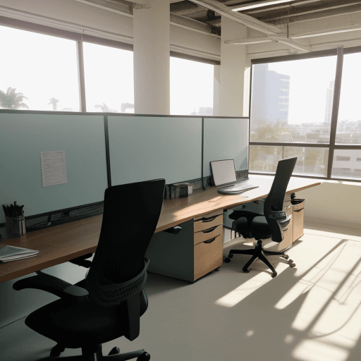 AI generated: ‪startup office tour Mexico computer desks with office chairs sunlit room. real engine‬. all blur
