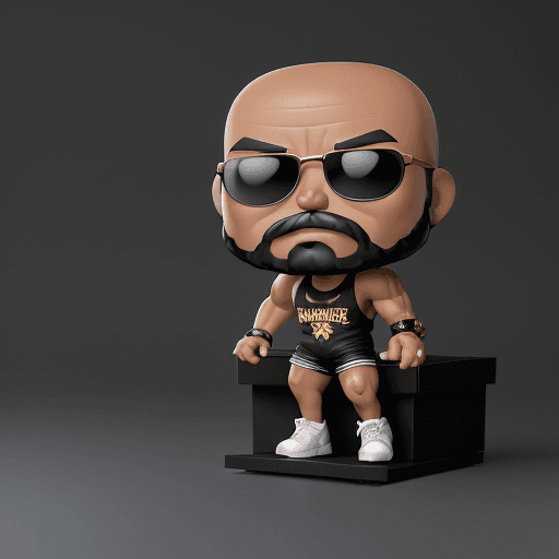 AI generated: Generate a hyper-realistic 3D rendering of a Funko Pop scene. A dark-skinned, bald male with a thin ...