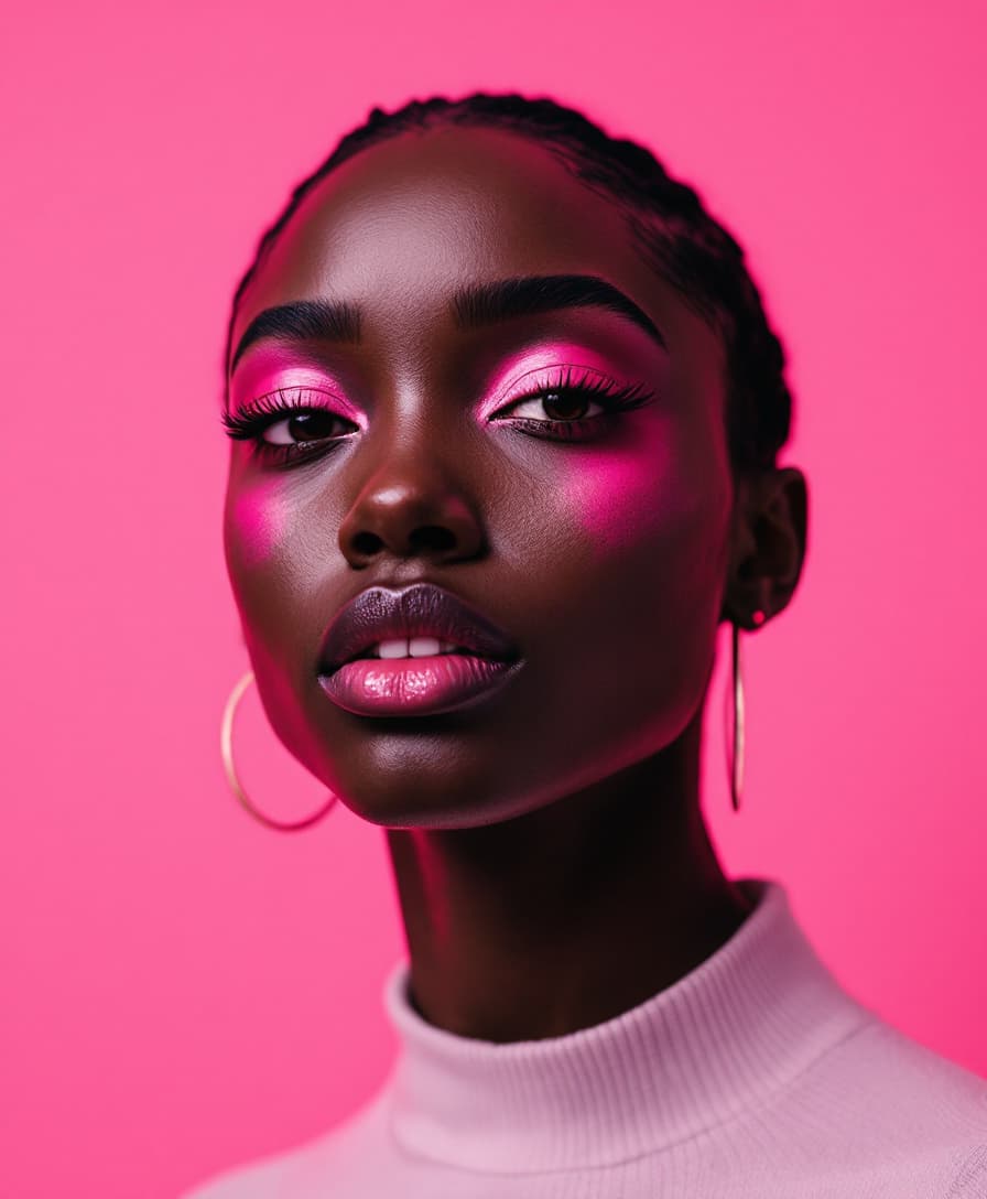 AI generated: photography, hot pink hue, black woman model, solid pink backdrop, stylish eyes detailing, using a c...