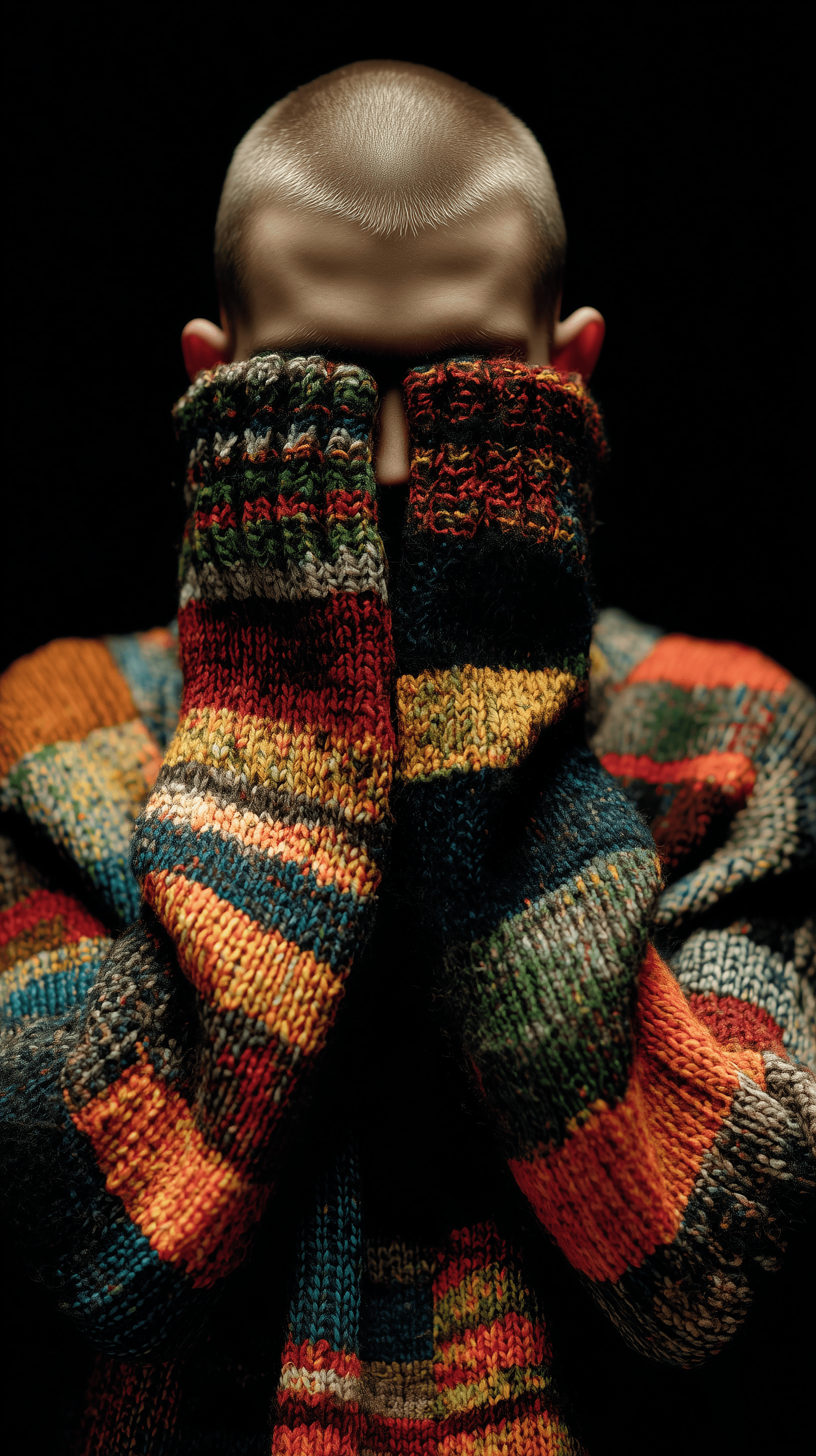 AI generated: photo, male, covering face, knit sweater, multi-colored patchwork, solid black background, grainy --...