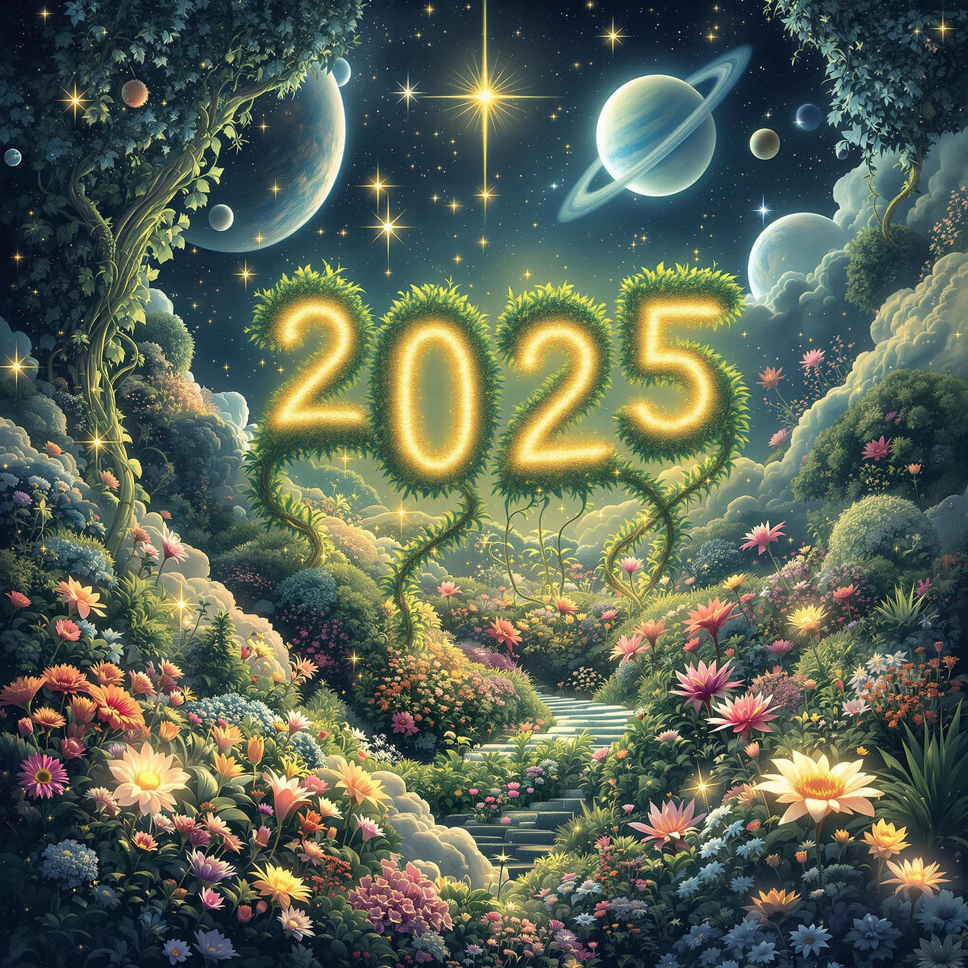 AI generated: A heavenly garden in space, where glowing flowers, vines, and celestial elements intertwine to creat...
