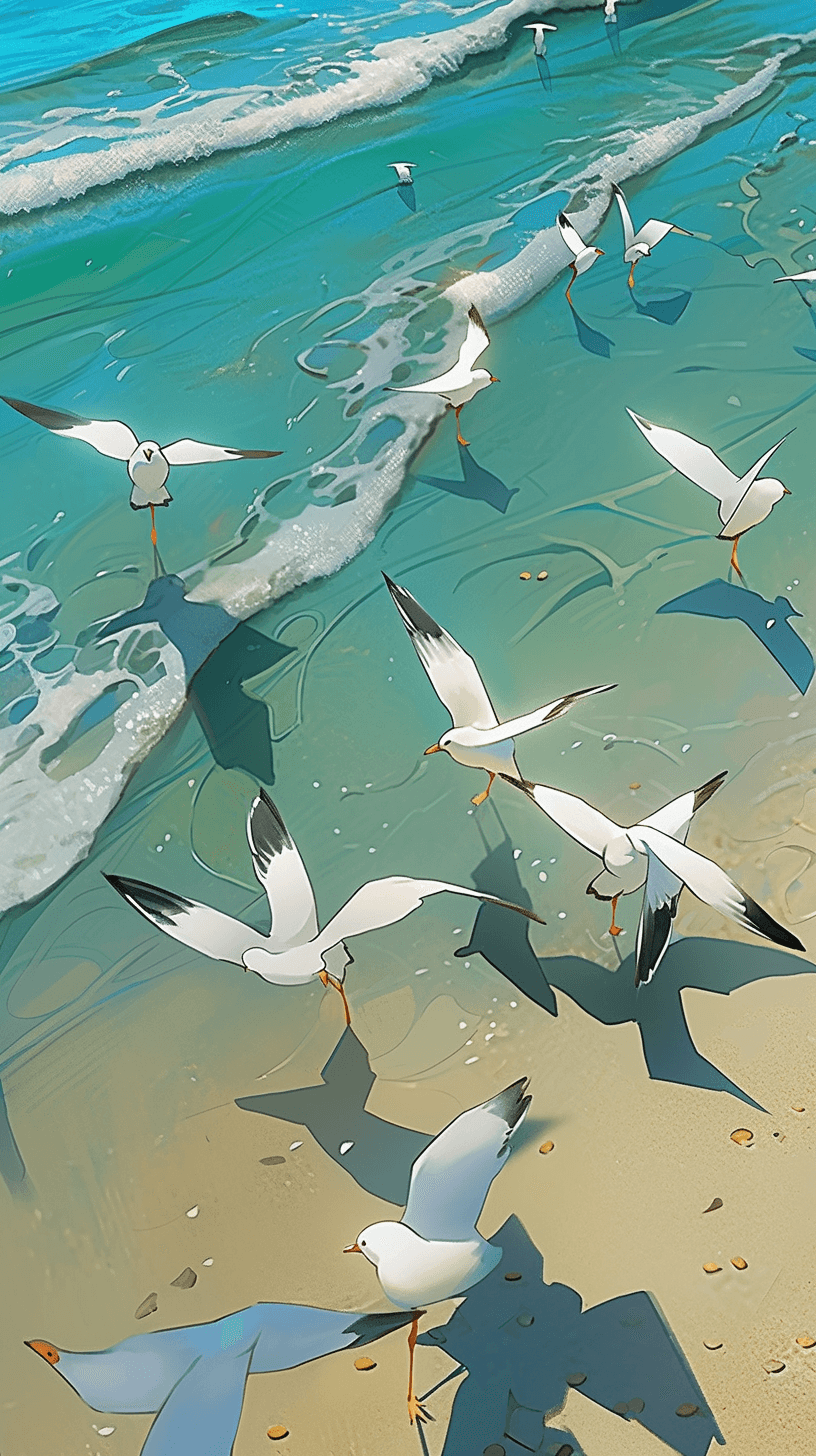 AI generated: A tranquil seamless background, with calm ocean waves, seashells, and seagulls, adorned with droplet...