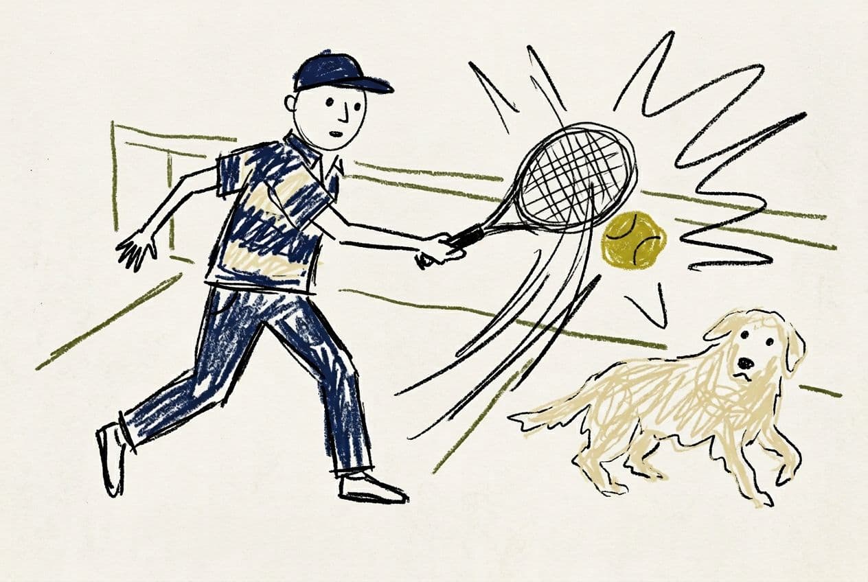 AI generated: man wearing jeans, two-tone striped polo (navy and cream), navy cap, hitting a tennis ball with a ra...