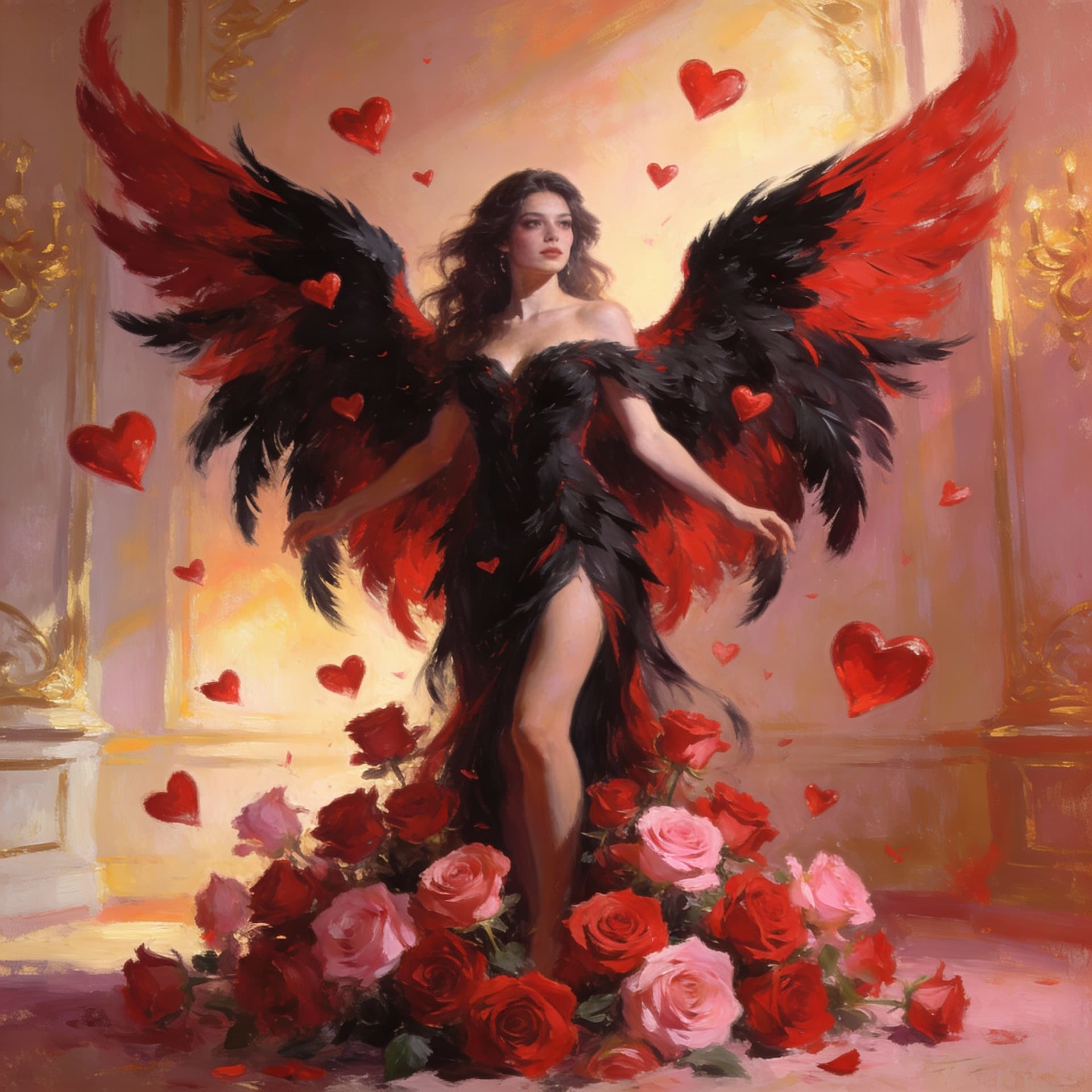 AI generated: A stunning, beautiful woman, a romantic goddess figure, with large, dramatic red and black feathered...